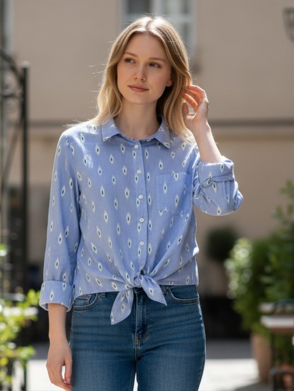 J. Crew Light Blue Printed Tie-Front Button-Down Shirt